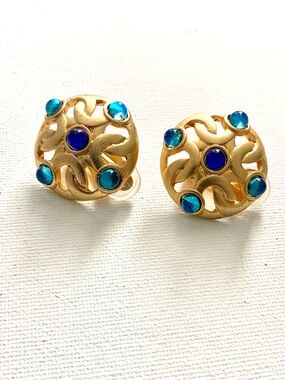 Gold-Tone Blue Gem Round Clip On Earrings